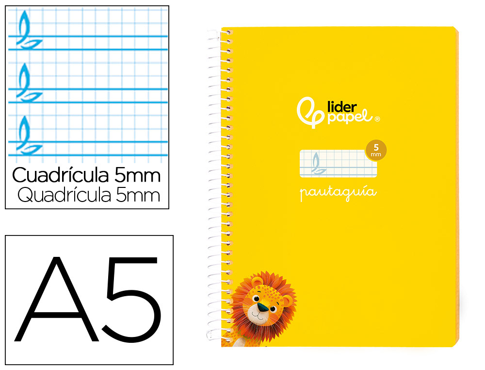 Cuaderno espiral liderpapel din a5 pautaguia tapa blanda 40h 75 gr cuadro pautado 5mm color amarillo