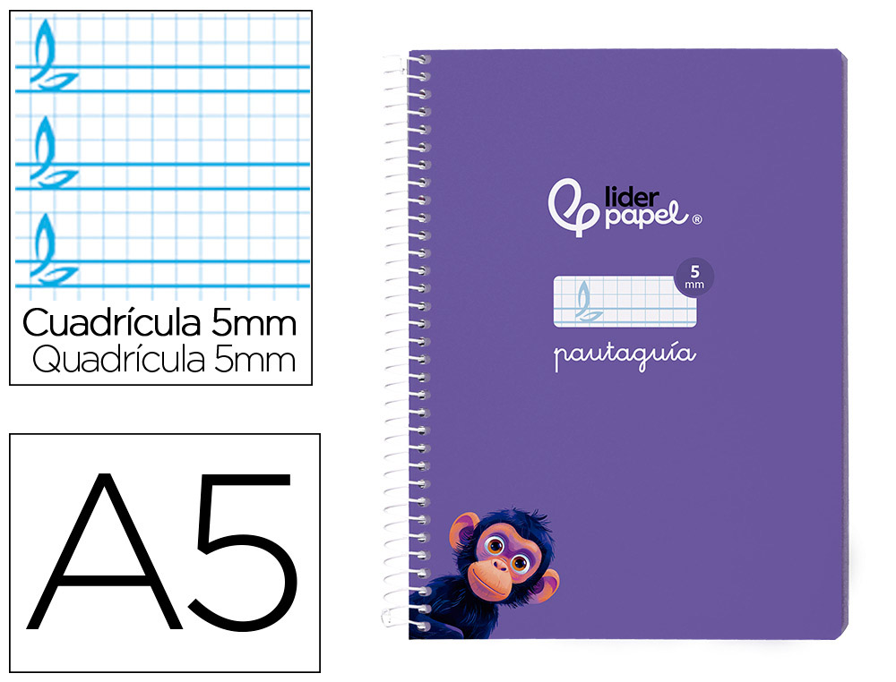 Cuaderno espiral liderpapel din a5 pautaguia tapa blanda 40h 75gr cuadro pautado 5mm color lila