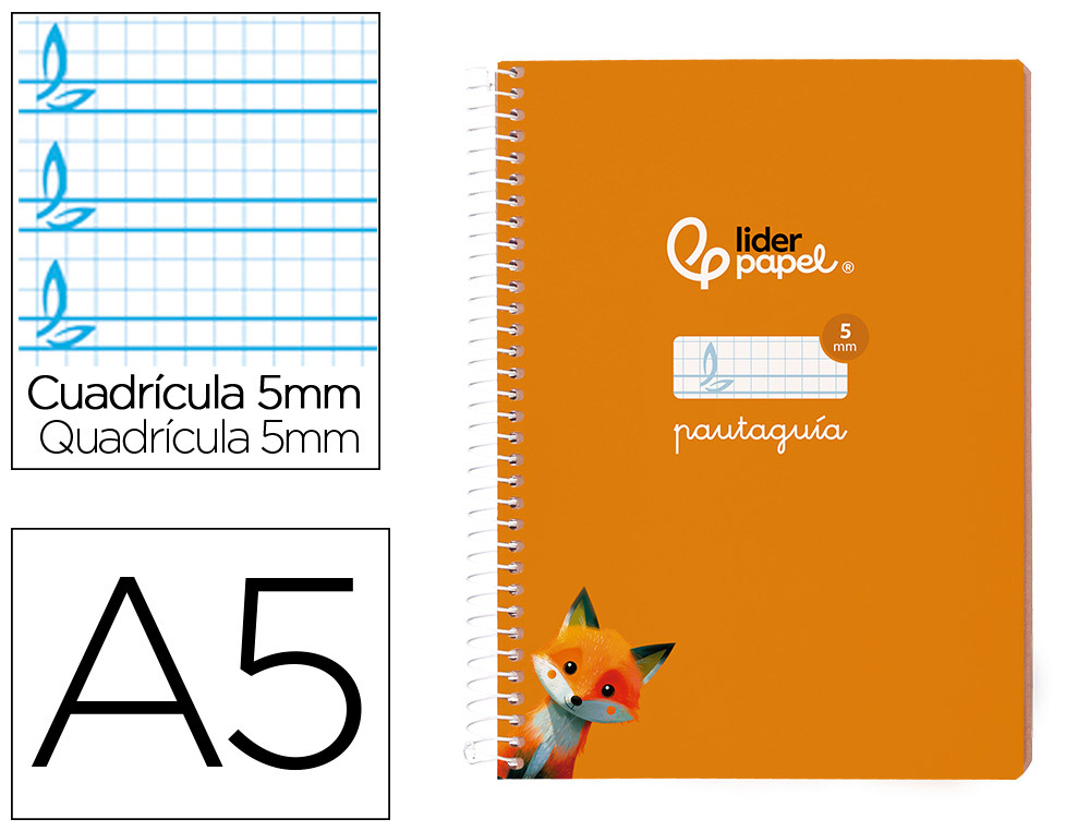 Cuaderno espiral liderpapel din a5 pautaguia tapa blanda 40 h 75 gr cuadro pautado 5mm color naranja