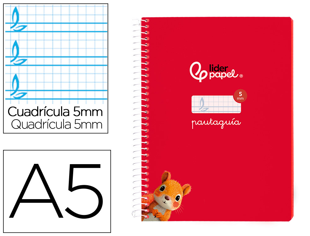 Cuaderno espiral liderpapel din a5 pautaguia tapa blanda 40h 75 gr cuadro pautado 5mm color rojo