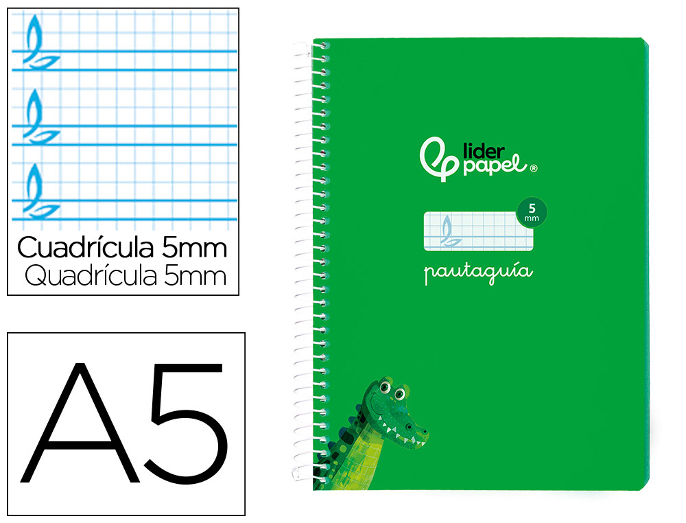 Cuaderno espiral liderpapel din a5 pautaguia tapa blanda 40 h 75 gr cuadro pautado 5mm color verde