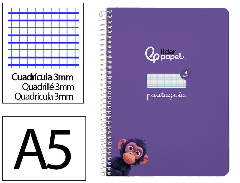 Cuaderno espiral liderpapel a5 pautaguia tapa dura 80h 90 gr cuadro pautado 3mm color lila