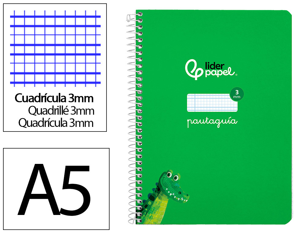 Cuaderno espiral liderpapel a5 pautaguia tapa dura 80h 90 gr cuadro pautado 3mm color verde