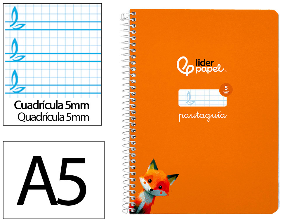 Cuaderno espiral liderpapel a5 pautaguia tapa dura 80h 90 gr cuadro pautado 5mm color naranja