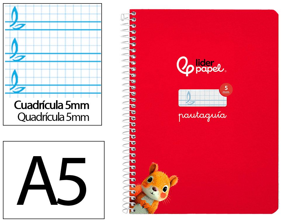 Cuaderno espiral liderpapel a5 pautaguia tapa dura 80h 90 gr cuadro pautado 5mm color rojo