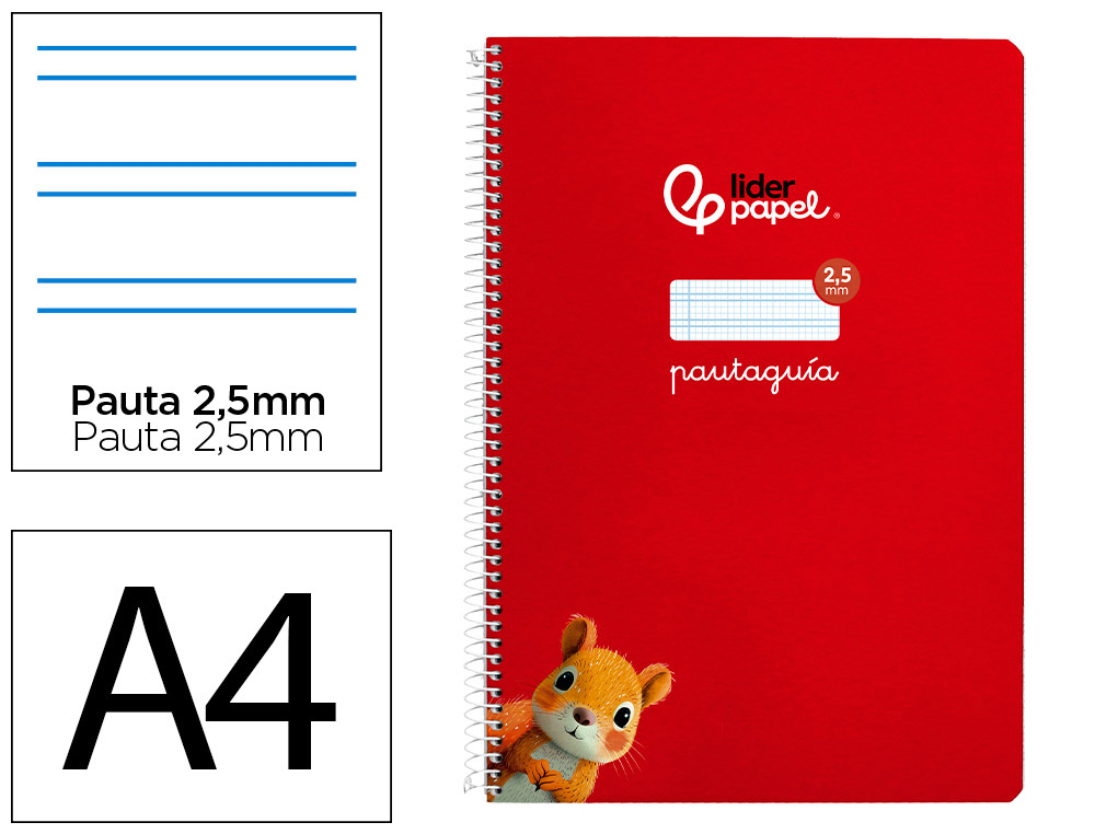 Cuaderno espiral liderpapel a4 pautaguia tapa blanda 80h 75 gr cuadro pautado 2,5mm color rojo