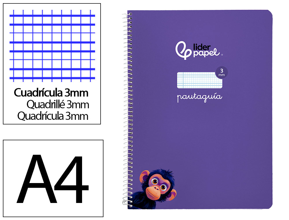 Cuaderno espiral liderpapel a4 pautaguia tapa blanda 80h 75 gr cuadro pautado 3mm color lila