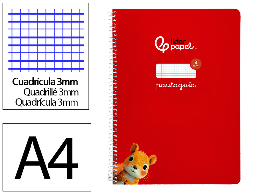Cuaderno espiral liderpapel a4 pautaguia tapa blanda 80h 75 gr cuadro pautado 3mm color rojo