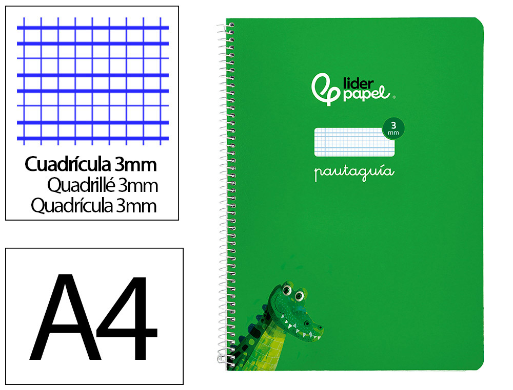 Cuaderno espiral liderpapel a4 pautaguia tapa blanda 80h 75 gr cuadro pautado 3mm color verde
