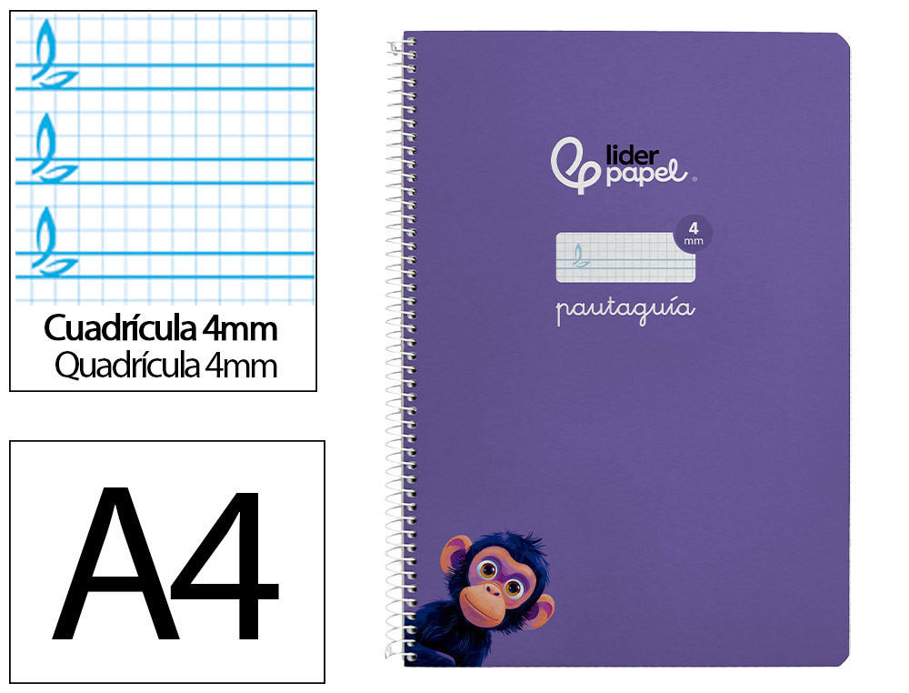 Cuaderno espiral liderpapel a4 pautaguia tapa blanda 80h 75 gr cuadro pautado 4mm color lila