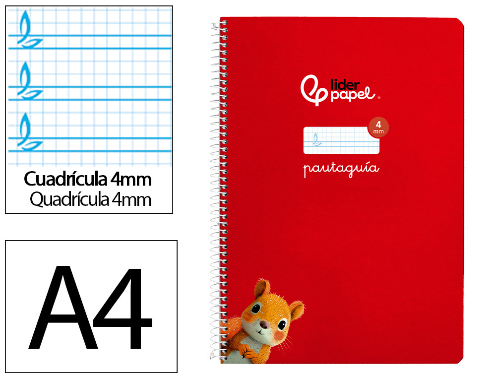 Cuaderno espiral liderpapel a4 pautaguia tapa blanda 80h 75 gr cuadro pautado 4mm color rojo