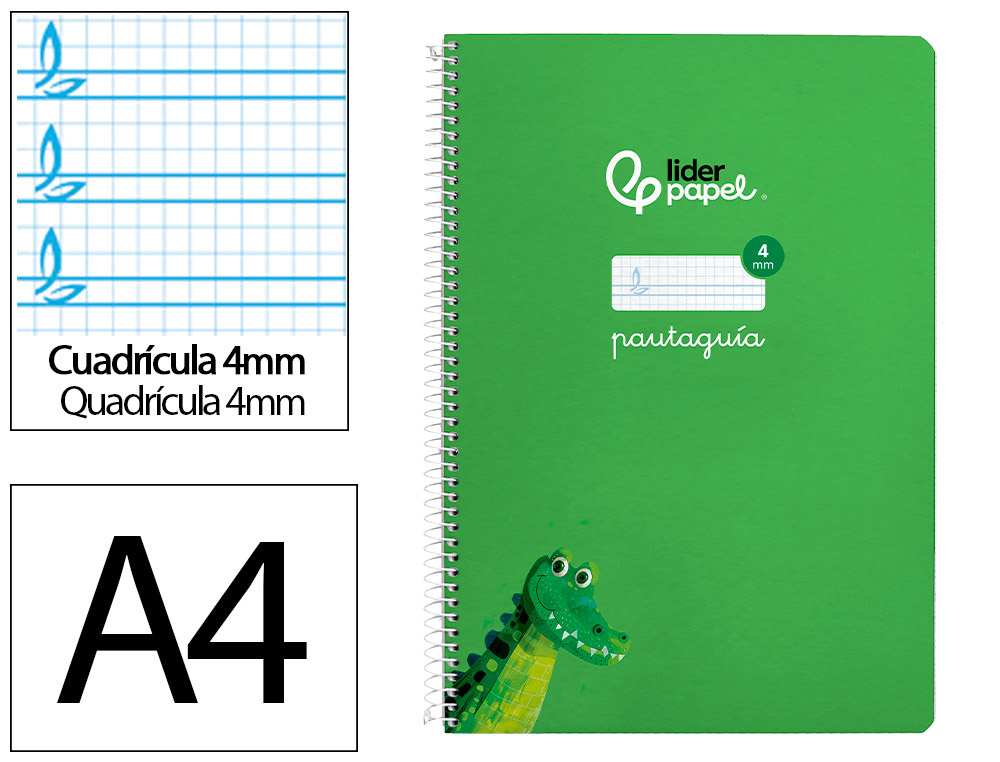 Cuaderno espiral liderpapel a4 pautaguia tapa blanda 80h 75 gr cuadro pautado 4mm color verde