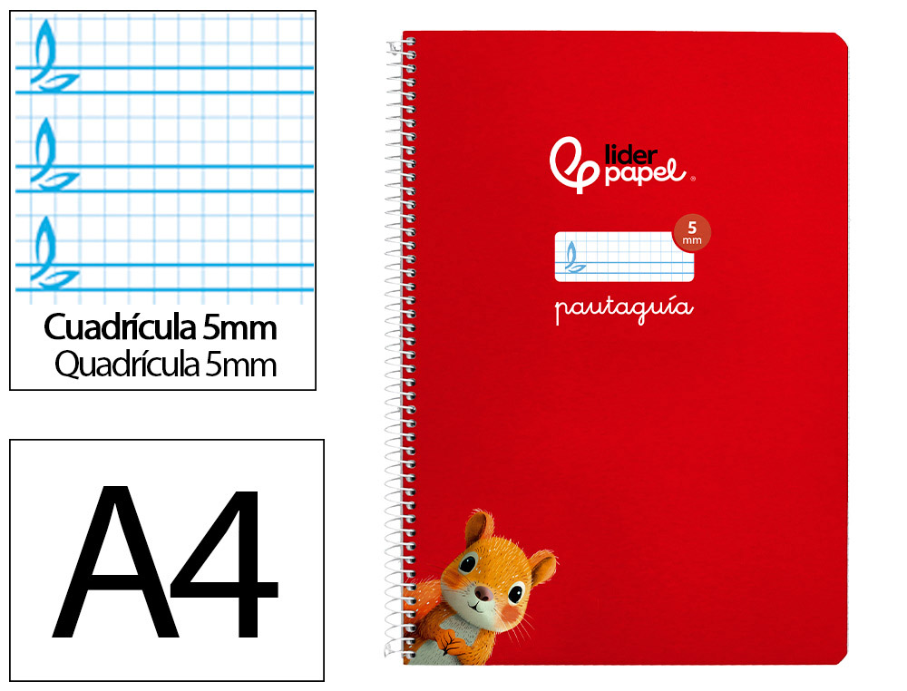 Cuaderno espiral liderpapel a4 pautaguia tapa blanda 80h 75 gr cuadro pautado 5mm color rojo
