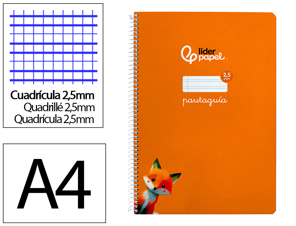 Cuaderno espiral liderpapel din a4 pautaguia tapa dura 80h 90 gr cuadro pautado 2,5 mm color naranja