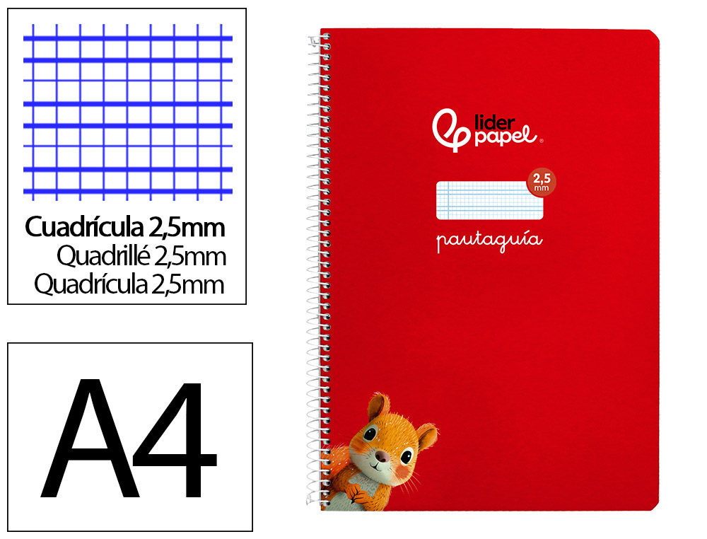 Cuaderno espiral liderpapel din a4 pautaguia tapa dura 80h 90 gr cuadro pautado 2,5mm color rojo