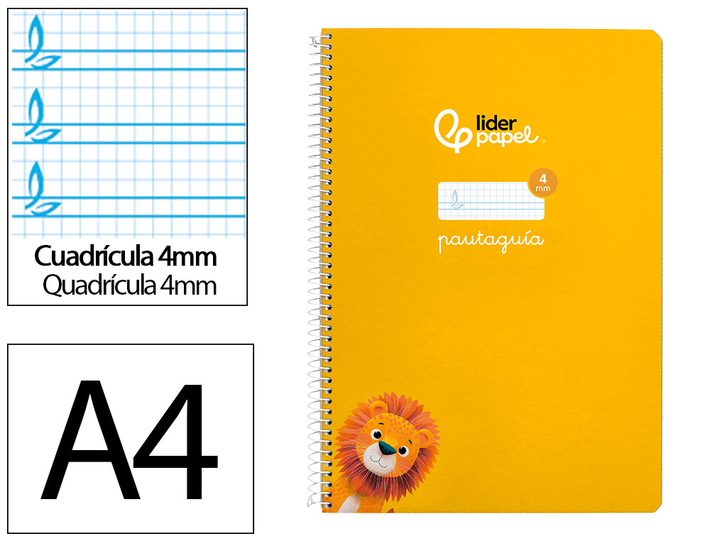 Cuaderno espiral liderpapel a4 pautaguia tapa dura 80h 90 gr cuadro pautado 4mm color amarillo