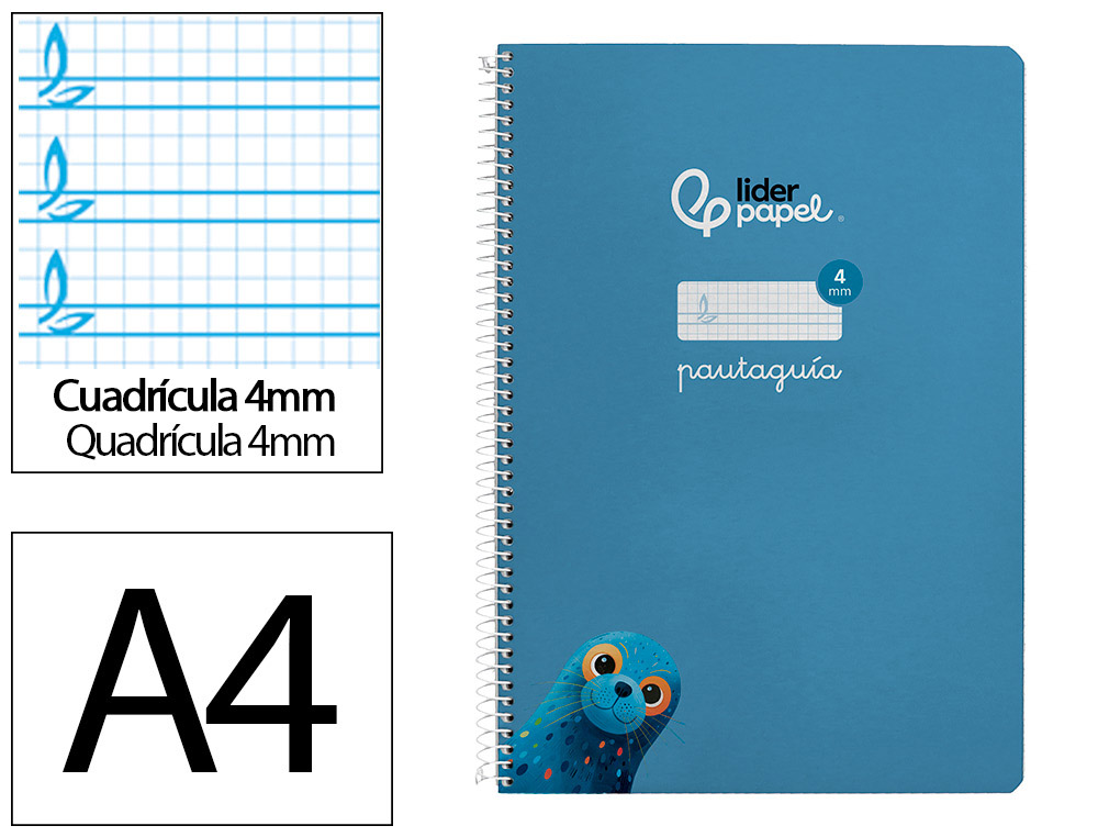 Cuaderno espiral liderpapel a4 pautaguia tapa dura 80h 90 gr cuadro pautado 4mm color azul