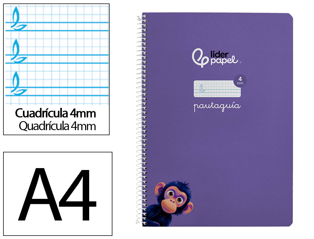 Cuaderno espiral liderpapel a4 pautaguia tapa dura 80h 90 gr cuadro pautado 4mm color lila