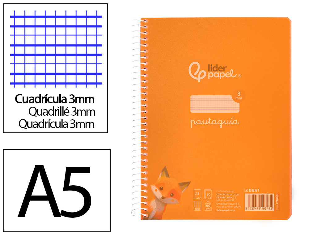 Cuaderno espiral liderpapel a5 pautaguia tapa plastico 80h 90gr cuadro pautado 3mm color naranja