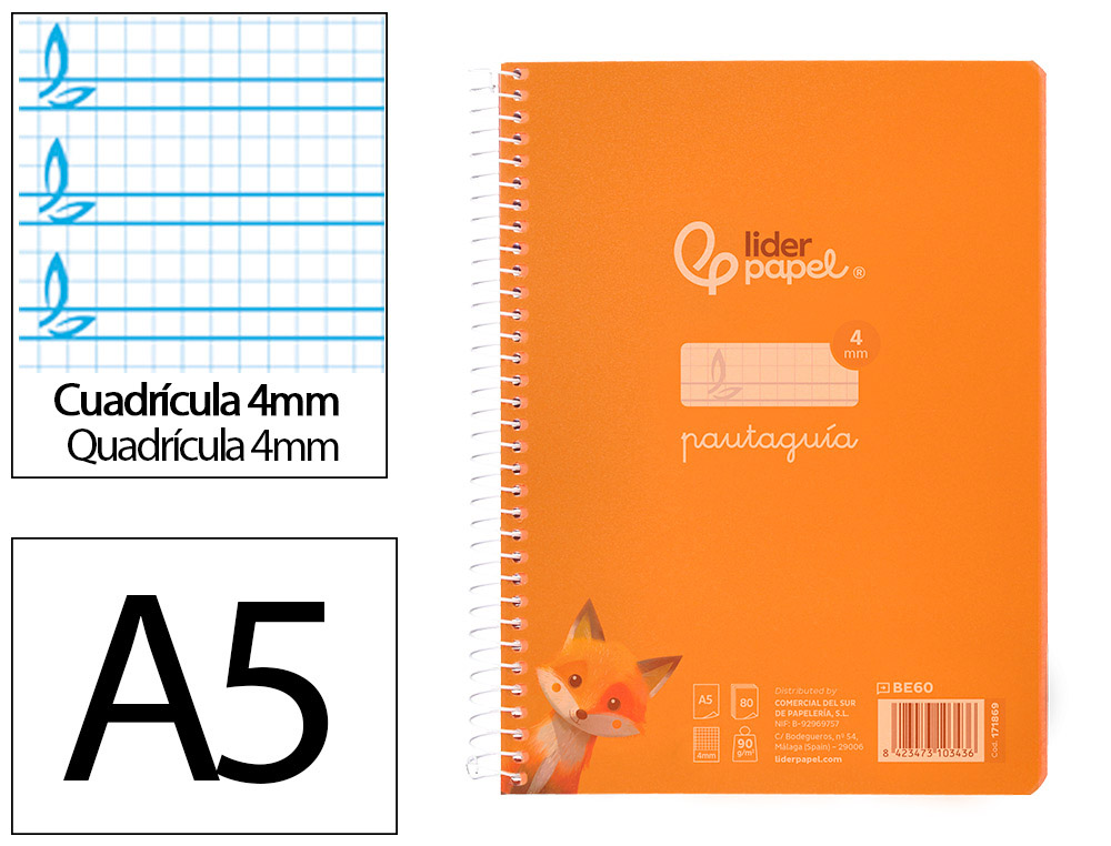Cuaderno espiral liderpapel a5 pautaguia tapa plastico 80h 90gr cuadro pautado 4mm color naranja