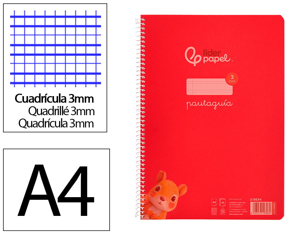 Cuaderno espiral liderpapel a4 pautaguia tapa plastico 80h 90gr cuadro pautado 3mm con margen color rojo