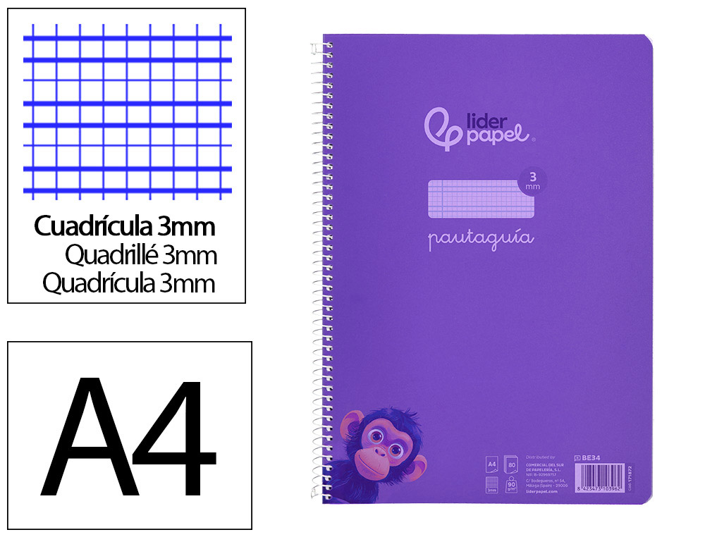 Cuaderno espiral liderpapel a4 pautaguia tapa plastico 80h 90gr cuadro pautado 3 mm con margen color lila