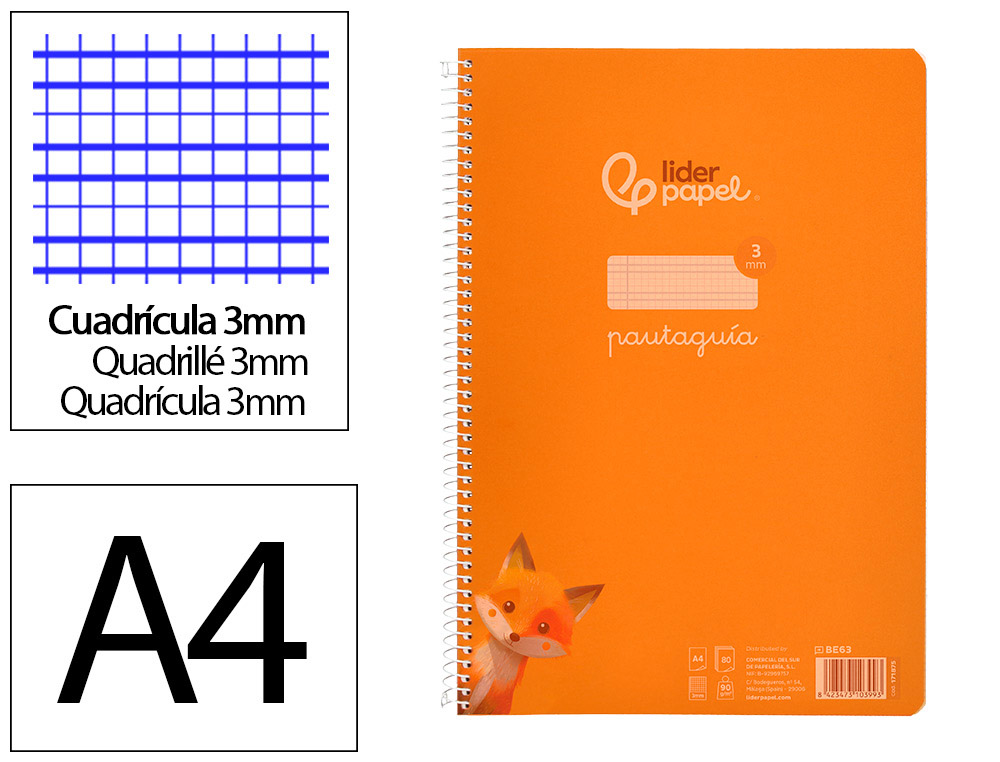 Cuaderno espiral liderpapel a4 pautaguia tapa plastico 80h 90gr cuadro pautado 3mm con margen color naranja