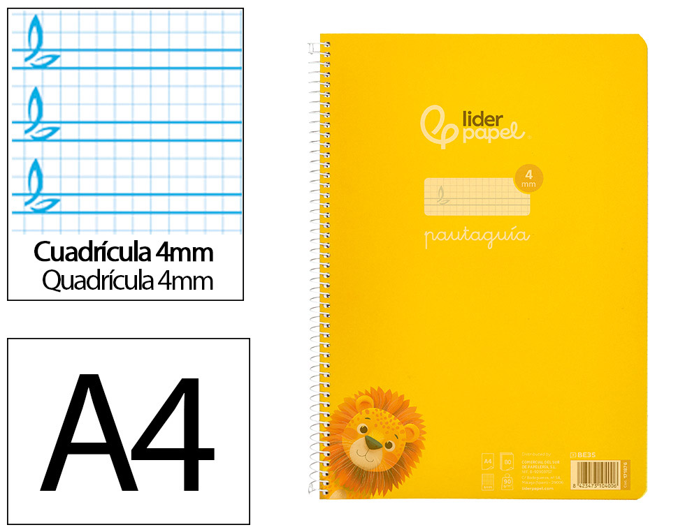 Cuaderno espiral liderpapel a4 pautaguia tapa plastico 80h 90gr cuadro pautado 4mm con margen color amarillo