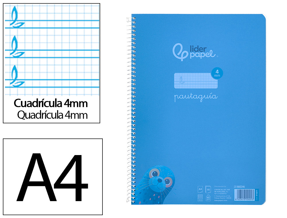 Cuaderno espiral liderpapel a4 pautaguia tapa plastico 80h 90gr cuadro pautado 4mm con margen color azul
