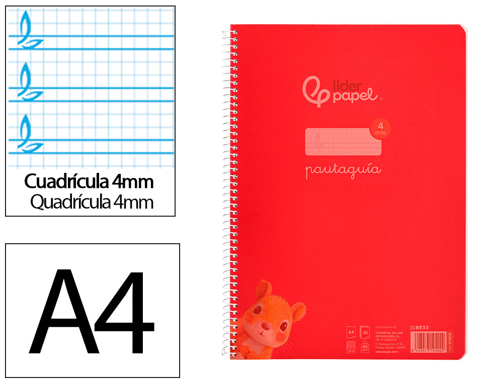 Cuaderno espiral liderpapel a4 pautaguia tapa plastico 80h 90gr cuadro pautado 4mm con margen color rojo