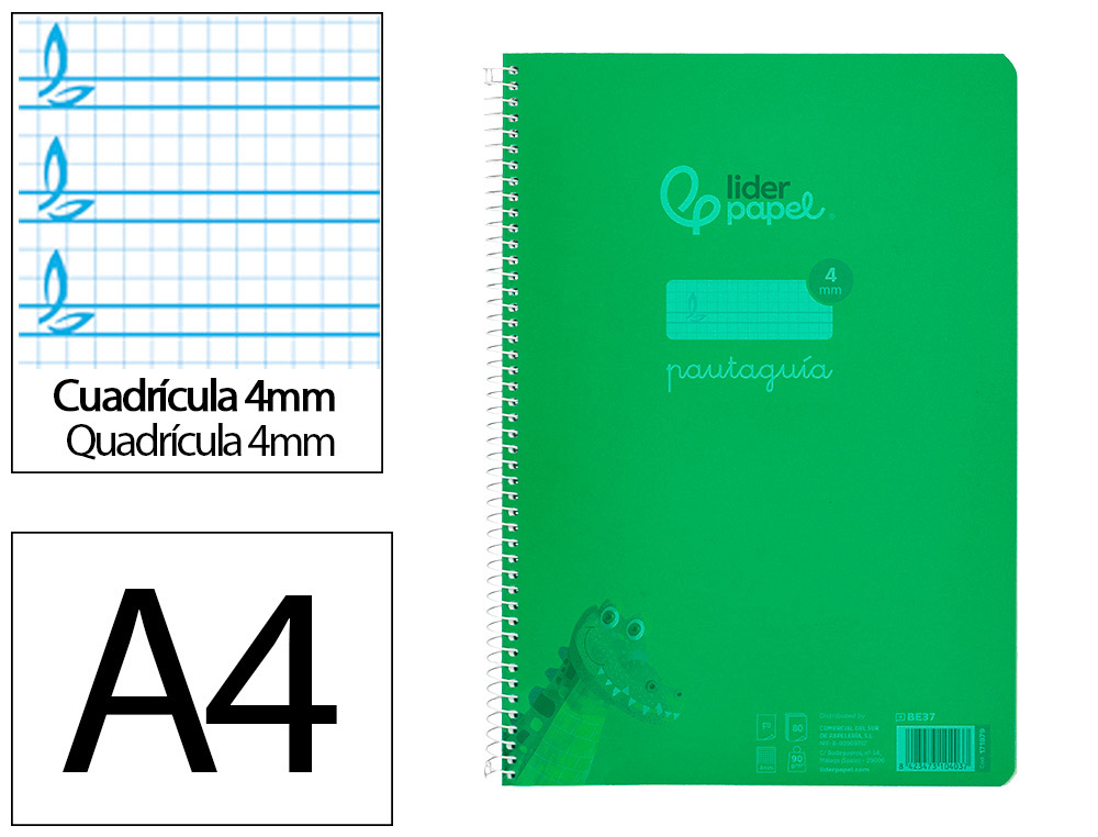 Cuaderno espiral liderpapel a4 pautaguia tapa plastico 80h 90gr cuadro pautado 4mm con margen color verde
