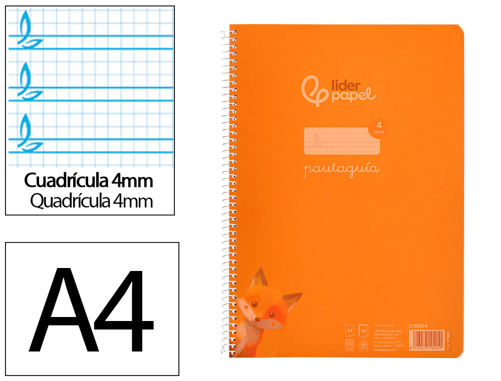 Cuaderno espiral liderpapel a4 pautaguia tapa plastico 80h 90gr cuadro pautado 4mm con margen color naranja