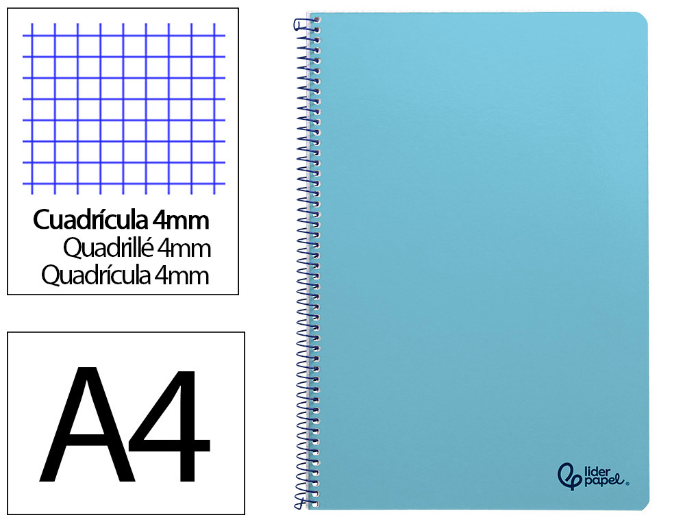 Cuaderno espiral liderpapel a4 smart tapa blanda 80h 75gr cuadro 4mm con margen color celeste