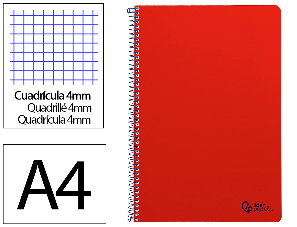 Cuaderno espiral liderpapel a4 smart tapa blanda 80h 75gr cuadro 4mm con margen color rojo