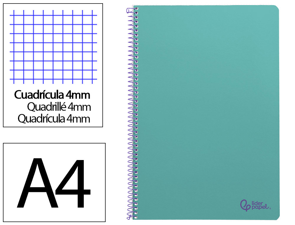 Cuaderno espiral liderpapel a4 smart tapa blanda 80h 75gr cuadro 4mm con margen color turquesa