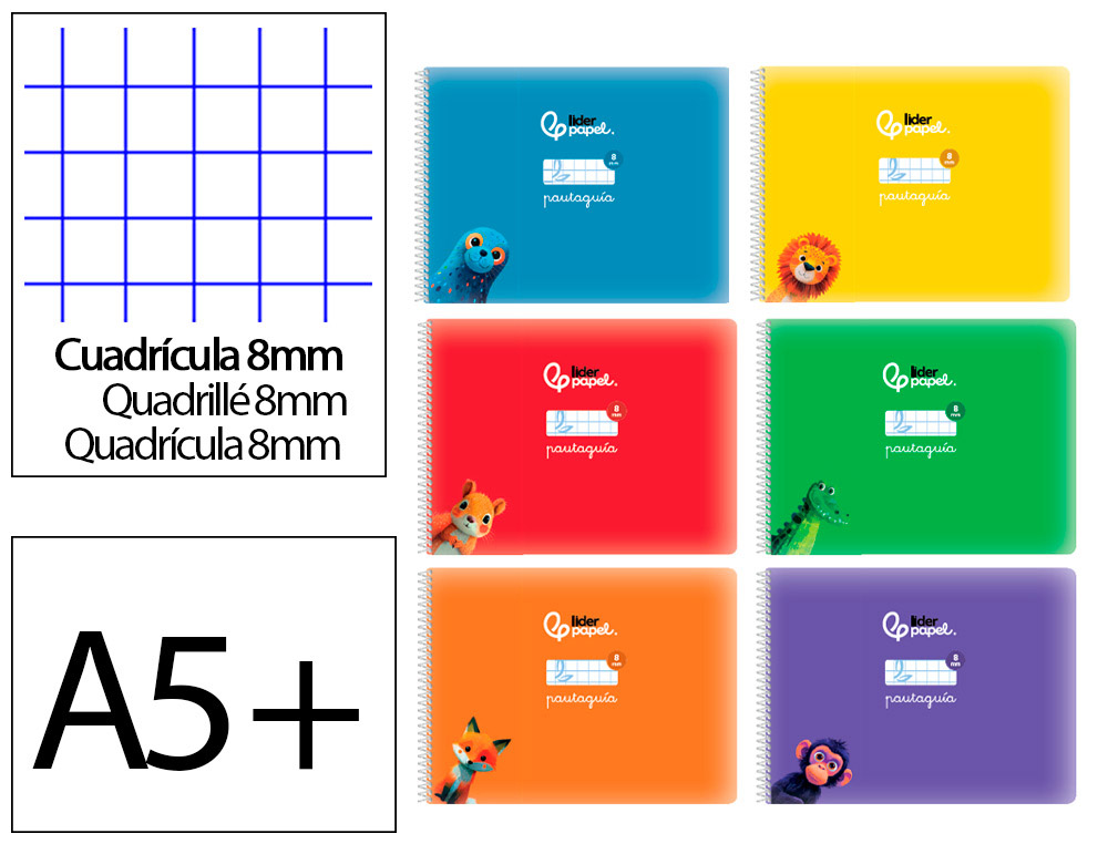 Libreta liderpapel pautaguia tapa cartoncillo 32h din a5+ 75gr cuadriculado pautado 8mm apaisada con margen 6 colores