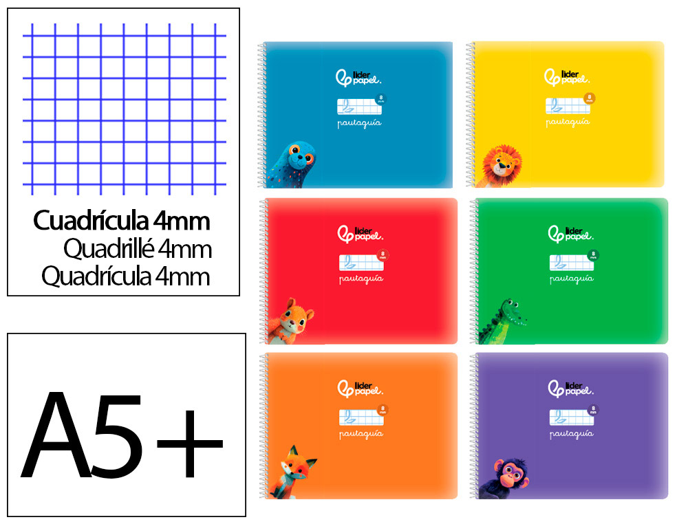Libreta liderpapel pautaguia tapa cartoncillo 32h din a5+ 75gr cuadriculado pautado 4mm apaisada con margen 6 colores