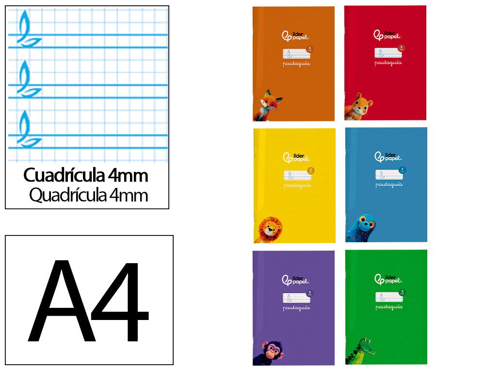 Libreta liderpapel pautaguia tapa cartoncillo 32h a4 75gr cuadriculado pautado 4mm con margen 6 colores surtidos