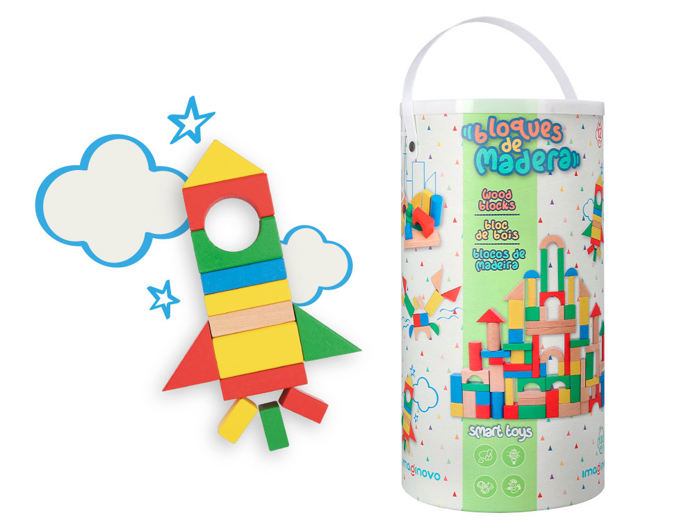 Juego infantil imaginovo madera construccion de bloques +12 meses 100 piezas 29x29x3,5cm
