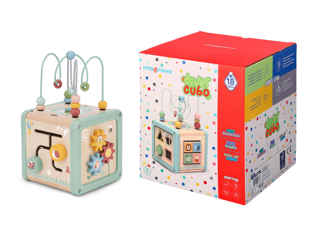 Juego infantil imaginovo madera cubo de actividades +18 meses 15,5x15,5x28cm