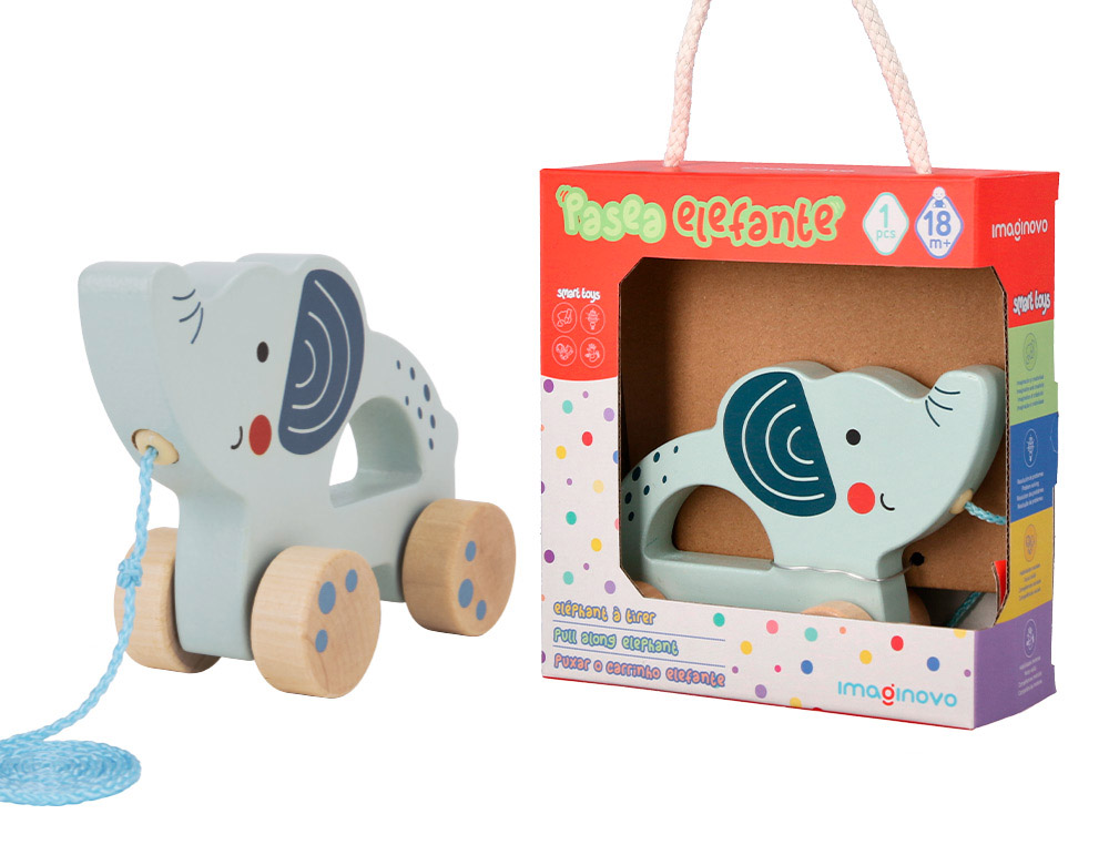 Juego infantil imaginovo madera elefante para arrastrar con ruedas +12 meses 13,4x10x5,4cm
