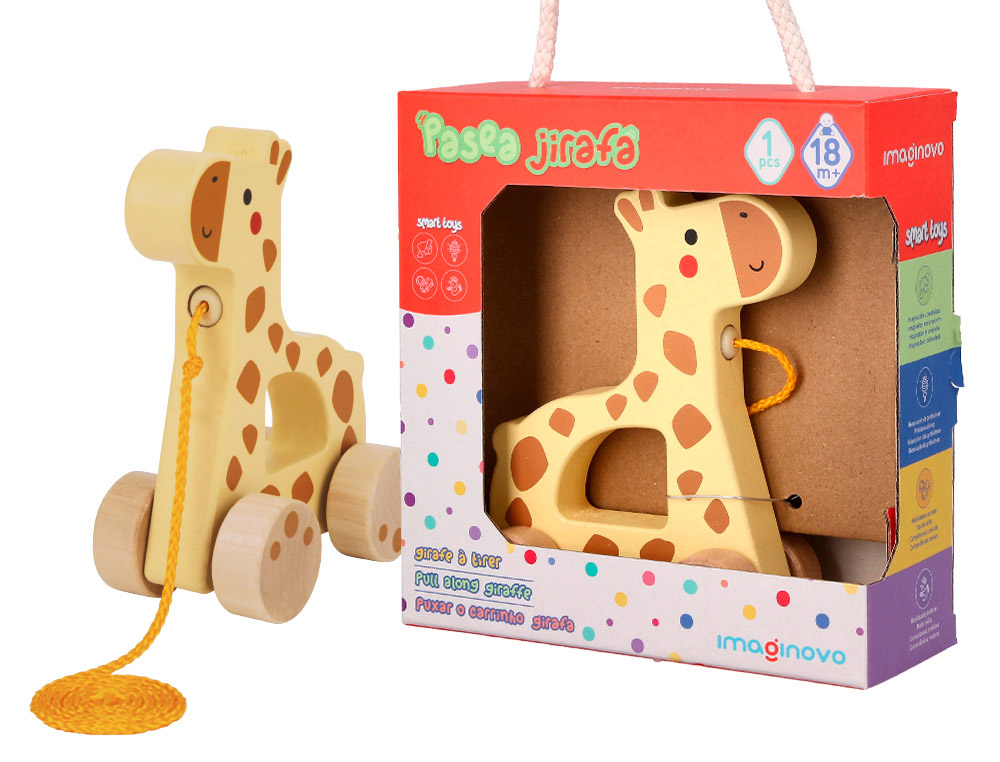Juego infantil imaginovo madera jirafa para arrastrar con ruedas +12 meses 16x12x5,4cm