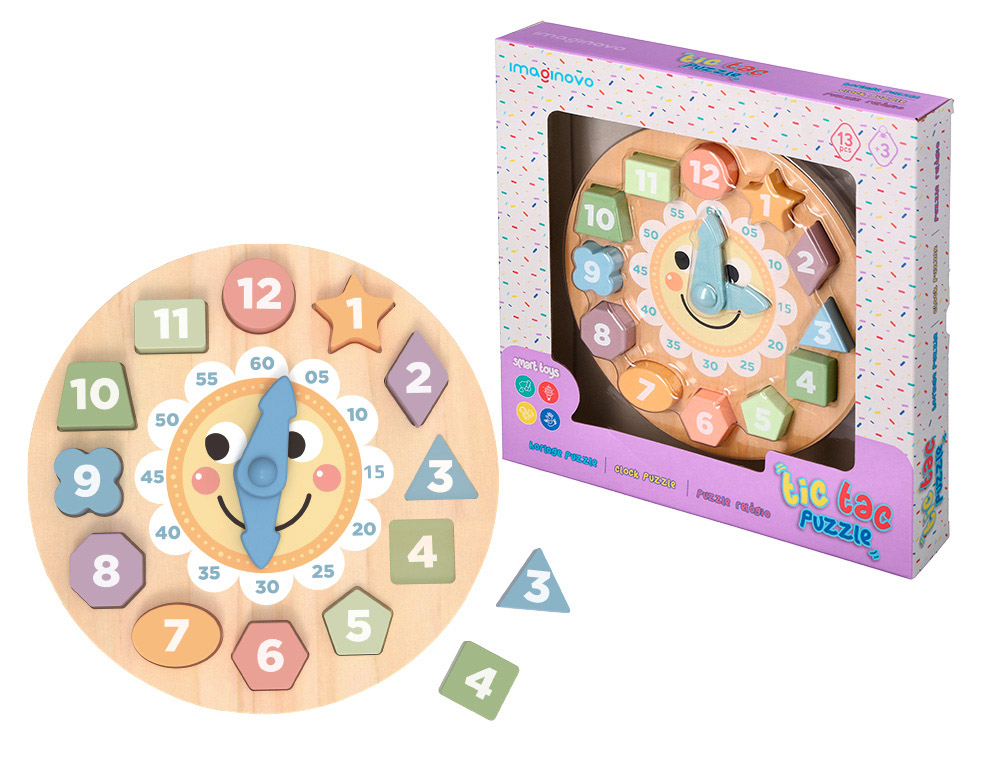 Juego infantil imaginovo madera reloj +3 años 13 piezas 29x29x3,5cm