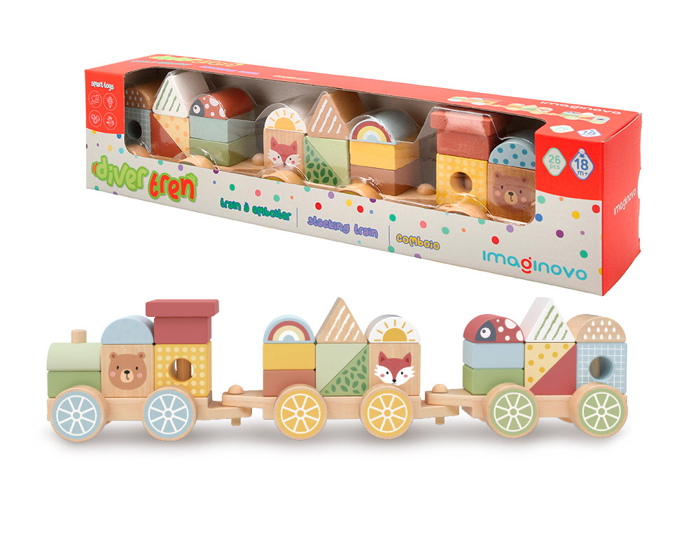 Juego infantil imaginovo madera tren figuras apilables con ruedas +18 meses 38x9,5x7,5cm