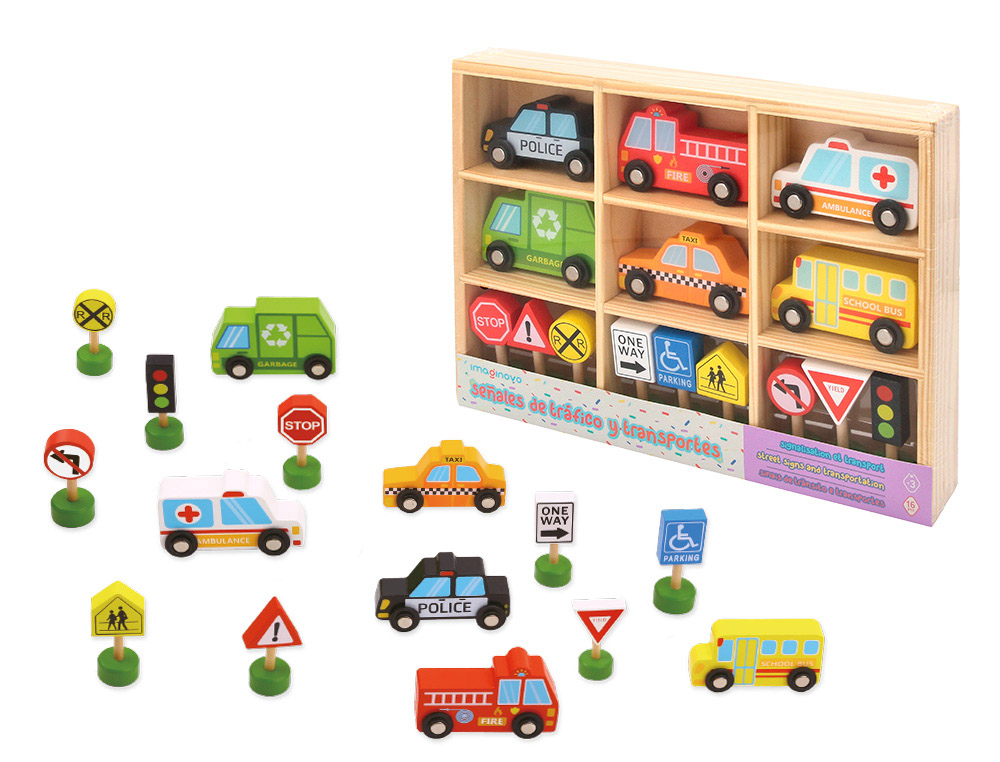 Juego infantil imaginovo madera vehiculos y señales de trafico +3 años 16 piezas 30x22x4cm