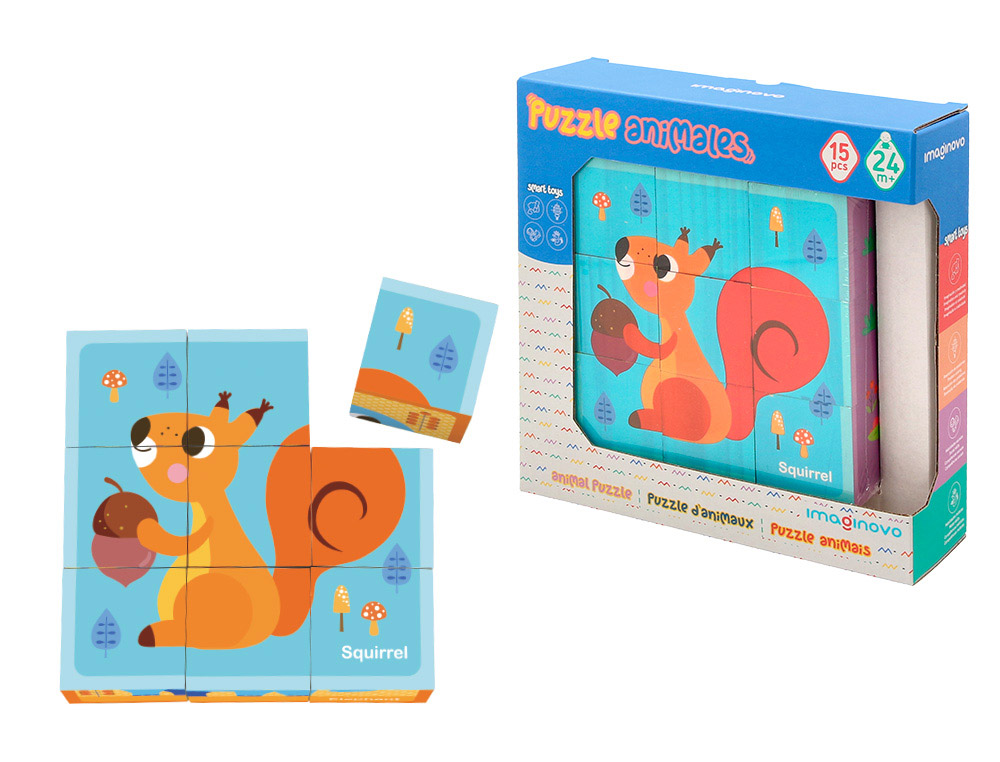 Puzle infantil imaginovo madera cubos de animales +24 meses 15 piezas incluye 12 patrones 22x22x6,4cm