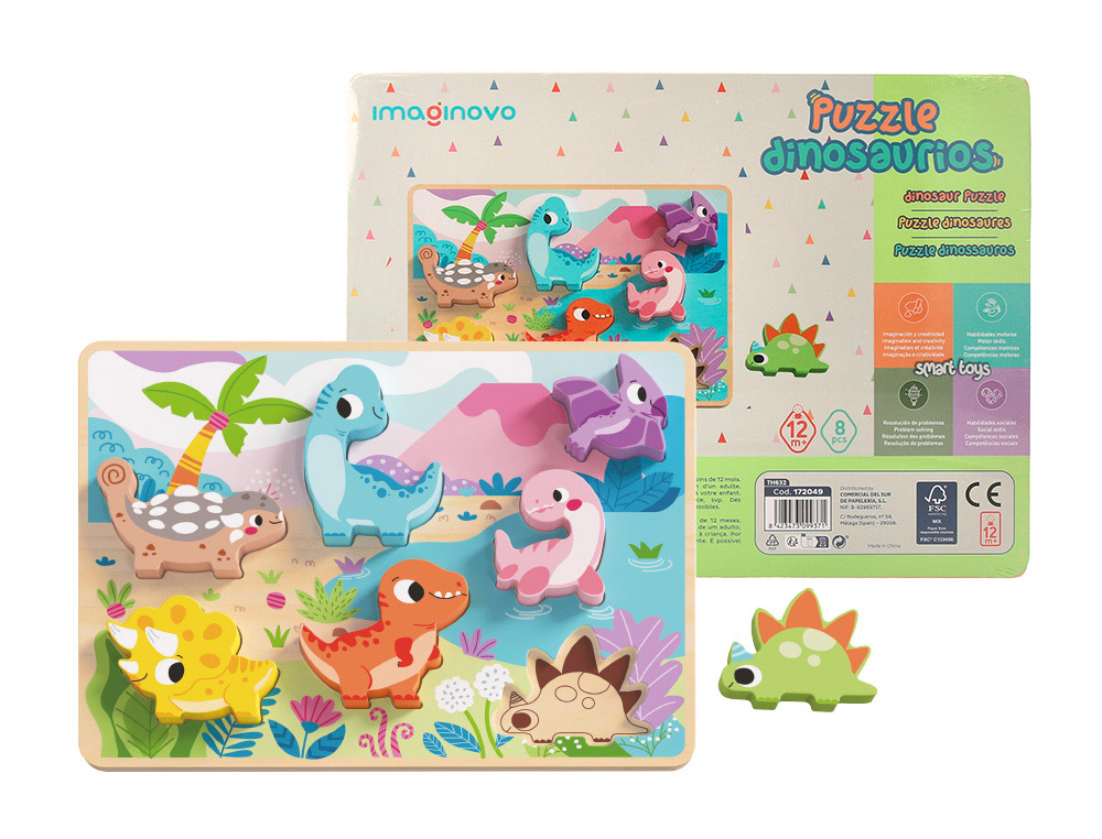 Puzle infantil imaginovo madera 3d dinosaurios +12 meses 8 piezas 29,5x22x1,7cm