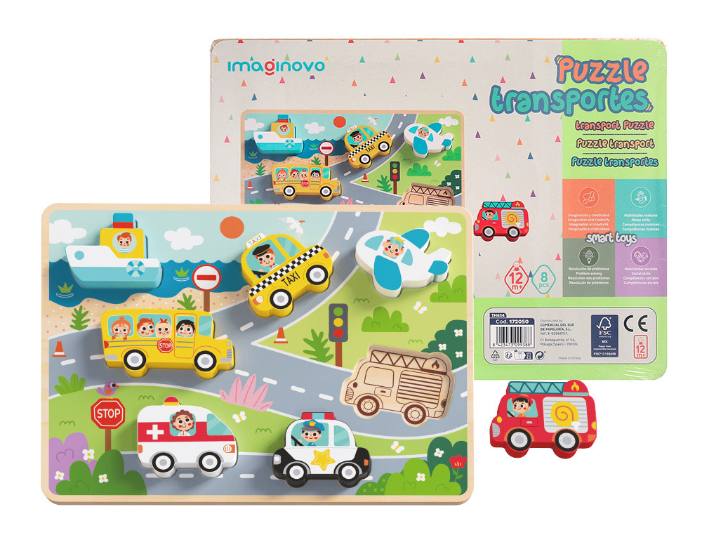 Puzle infantil imaginovo madera 3d vehiculos +12 meses 8 piezas 29,5x22x1,7cm