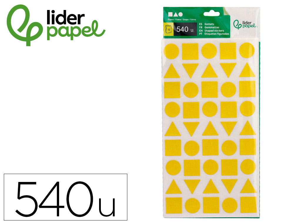 Gomets liderpapel figuras surtidas bolsa de 12 hojas figuras geometricas medianas colores surtidos