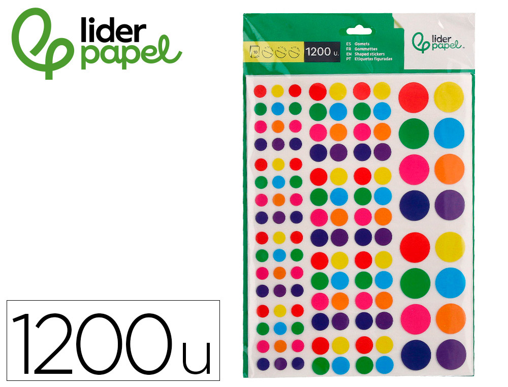 Gomets liderpapel autoadhesivo circulos colores y tamaños surtidos bolsa de 10 hojas 1200 unidades